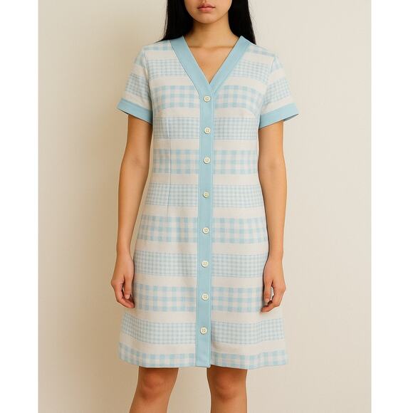 Vintage Retro Pastel Blue Shift Dress Womens Medium Preppy Gingham 60s Soft Girl - Picture 1 of 5